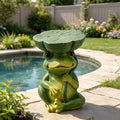 Frog Stool Garden Statue with Lotus Leaf Top - Green