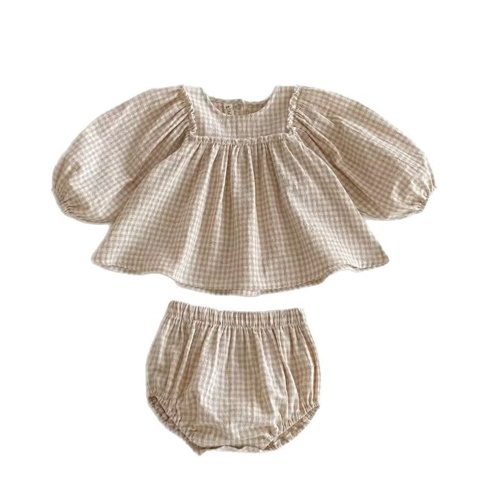 Embroidered Plaid Baby Girl Bloomers Set Cotton