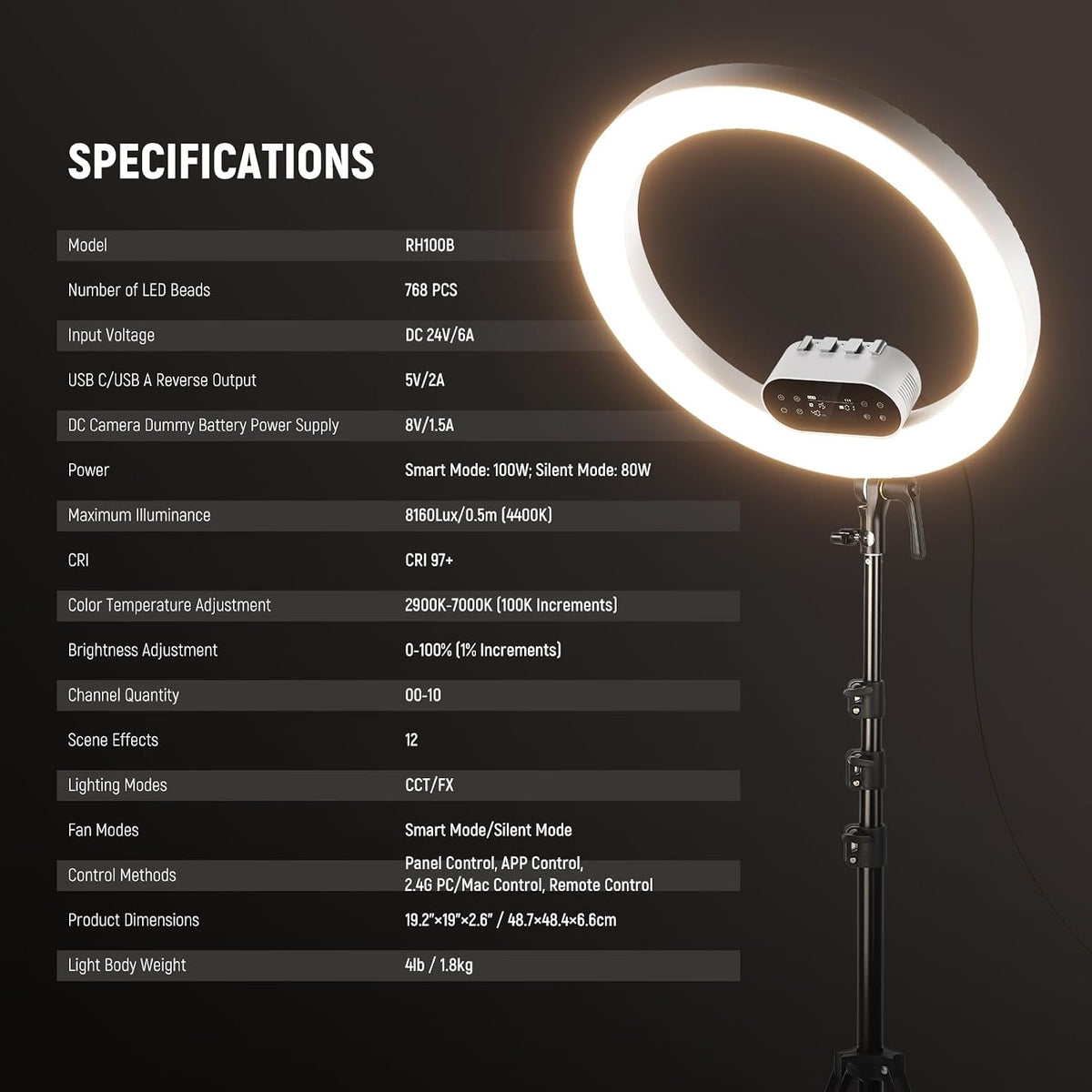 NEEWER 19" 100W High Power LED Ring Light with Tripod Stand, RH100B