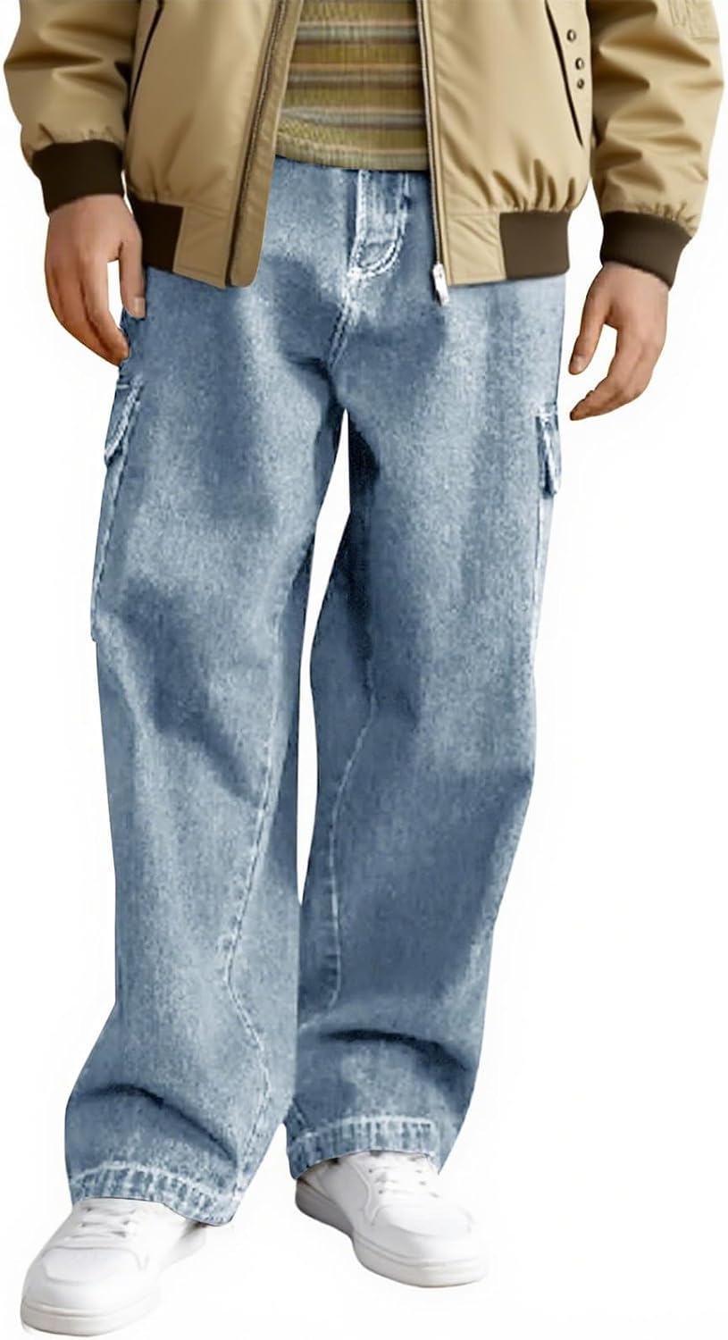 Haloumoning Boys Cargo Baggy Pants Elastic Waist Wide Leg Jeans Casual Demin Pants with Pockets 5-14 Years