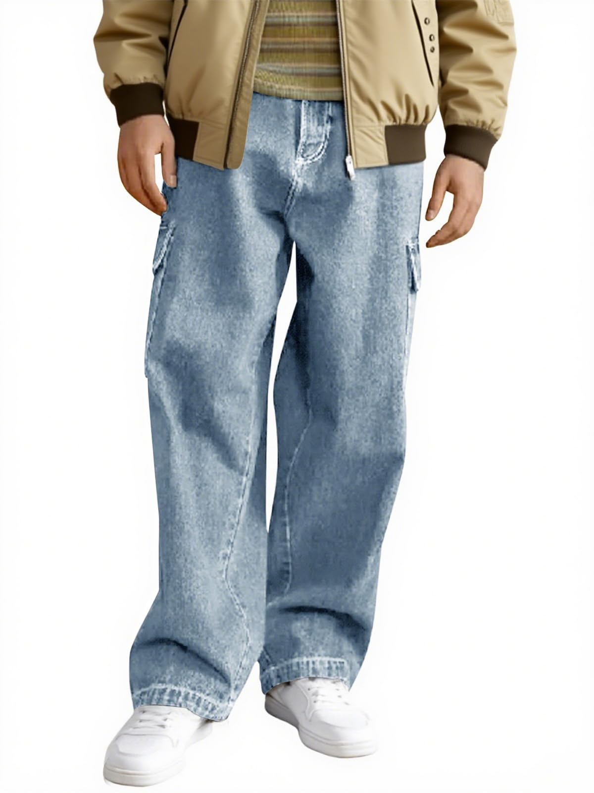 Haloumoning Boys Cargo Baggy Pants Elastic Waist Wide Leg Jeans Casual Demin Pants with Pockets 5-14 Years