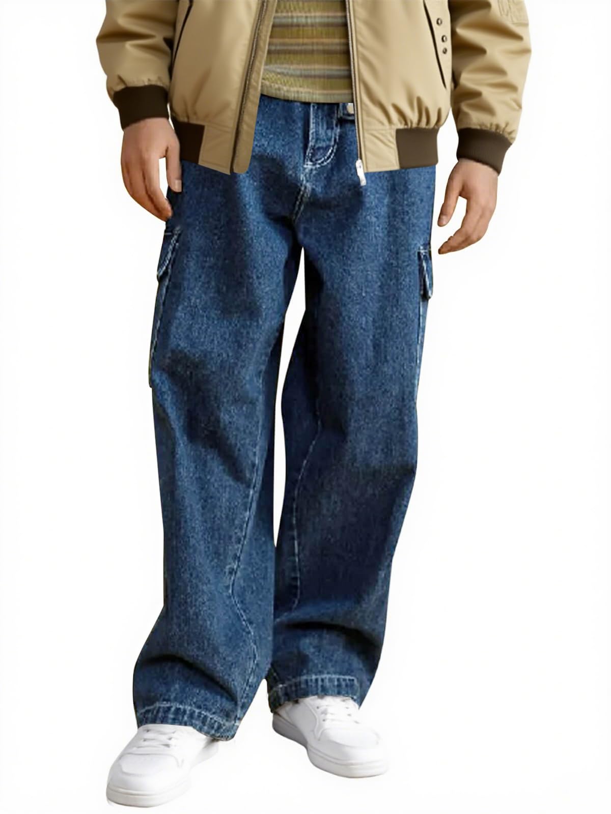 Haloumoning Boys Cargo Baggy Pants Elastic Waist Wide Leg Jeans Casual Demin Pants with Pockets 5-14 Years