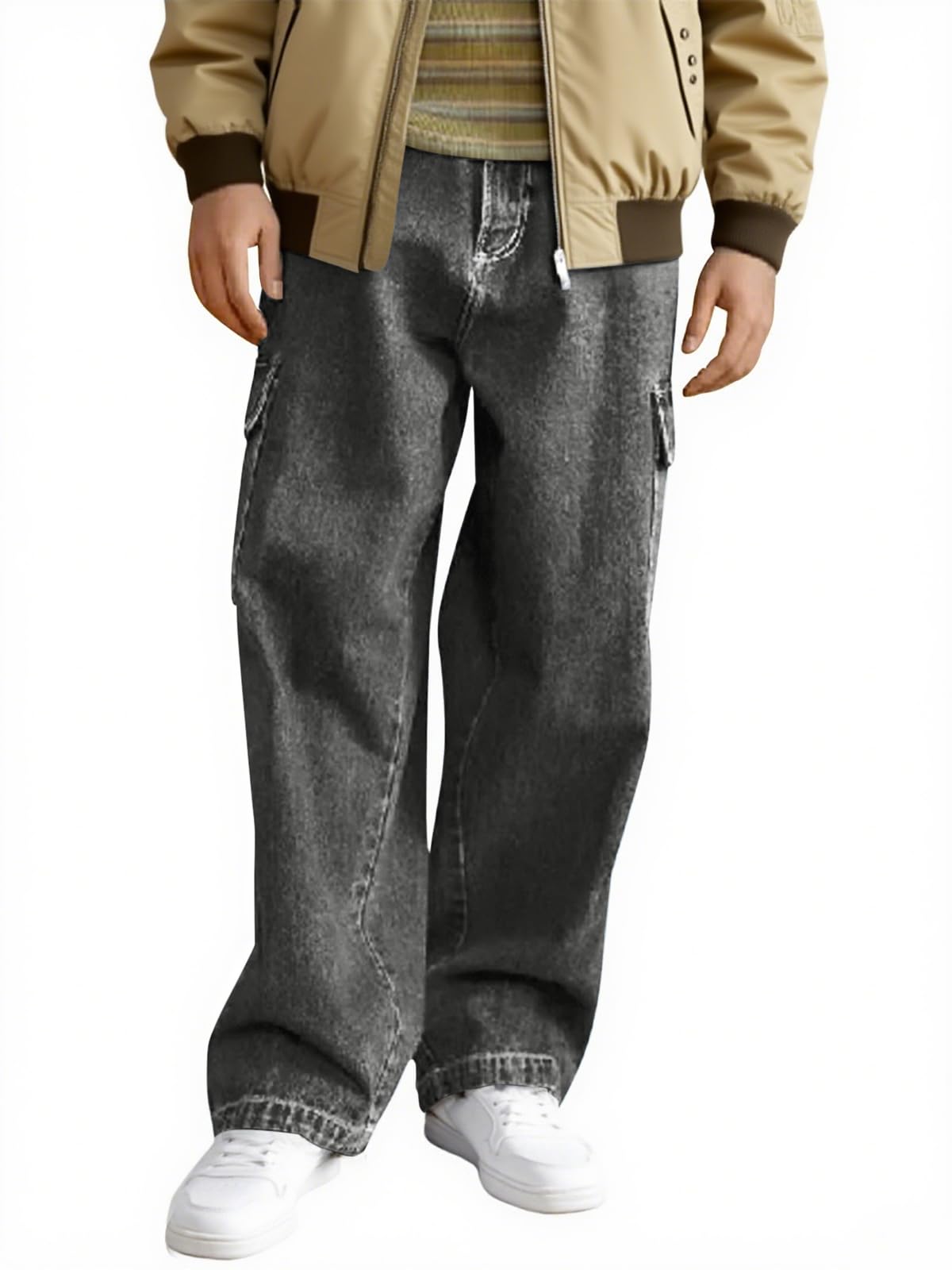 Haloumoning Boys Cargo Baggy Pants Elastic Waist Wide Leg Jeans Casual Demin Pants with Pockets 5-14 Years