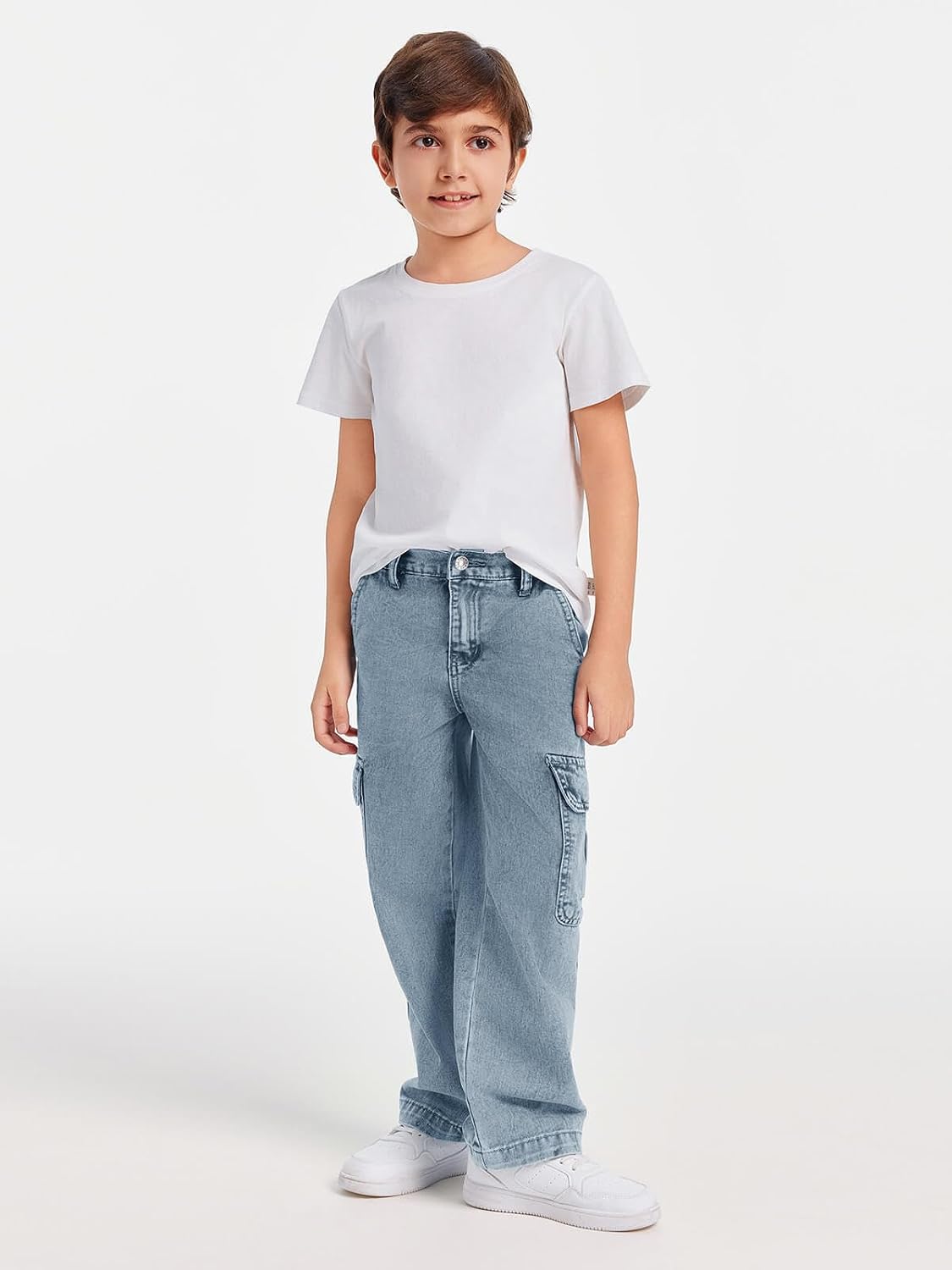 Haloumoning Boys Cargo Baggy Pants Elastic Waist Wide Leg Jeans Casual Demin Pants with Pockets 5-14 Years
