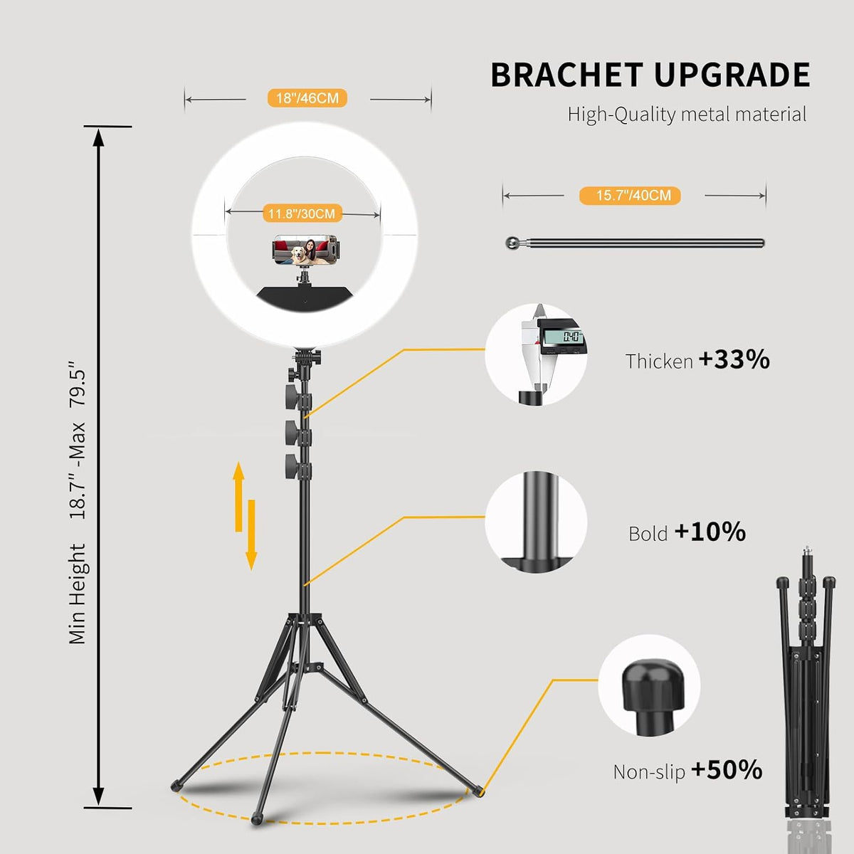55W18 45cm Ring Light Kit [New Version] 6700K Dimmable LEDRinglightTripod Stand Dual Phone Holder for iPhone Selfie Makeup LashTattoo Studio Lighting Painting,Photo Video Recording (Black)