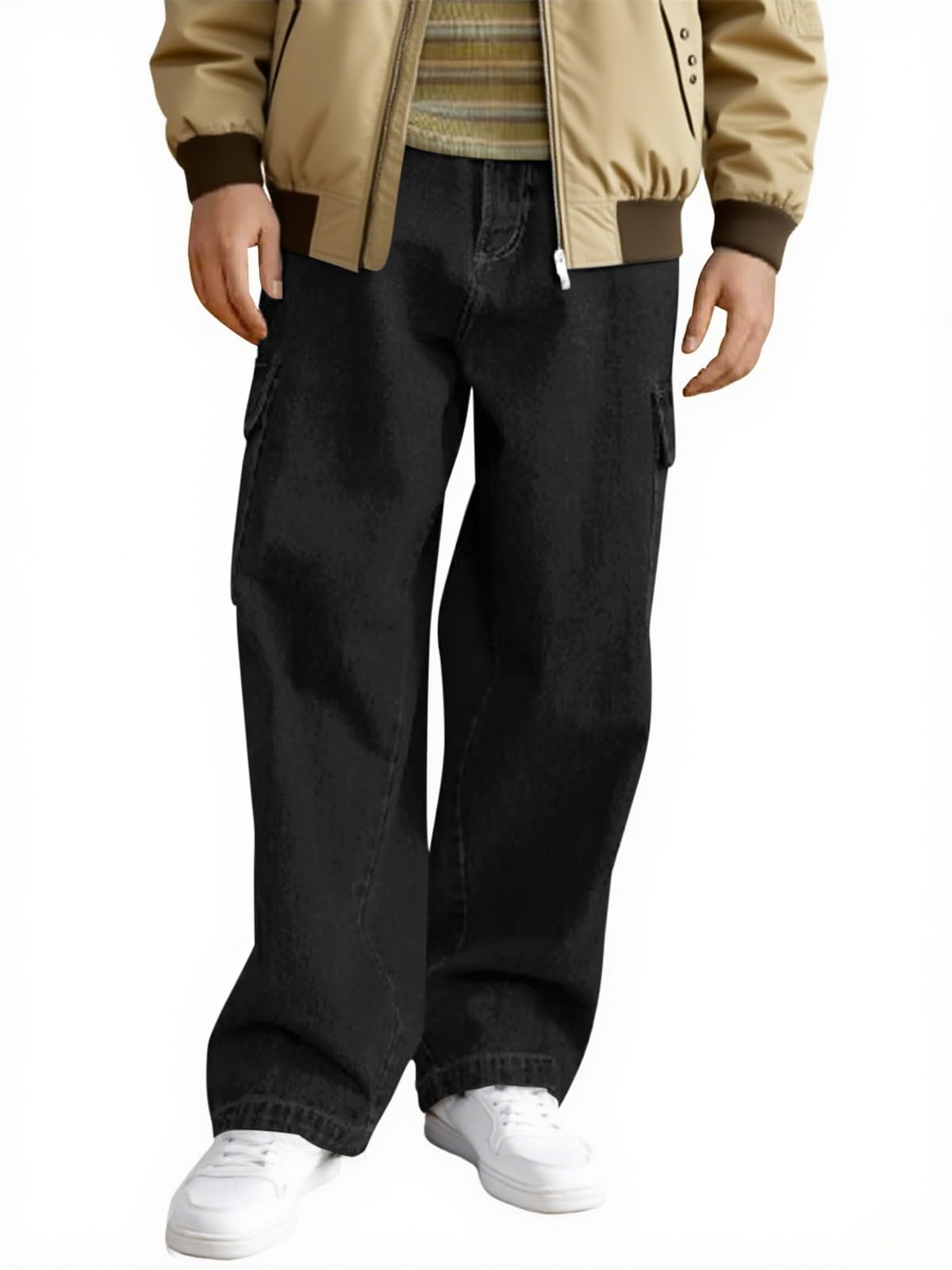 Haloumoning Boys Cargo Baggy Pants Elastic Waist Wide Leg Jeans Casual Demin Pants with Pockets 5-14 Years