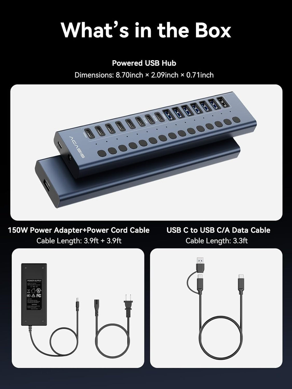 ACASIS Powered USB C Hub, 16-in-1 USB 3.2 Hub 10Gbps, 6 USB-A 3.2 + 2 USB-A 2.0+ 8 USB-C 3.2 Ports, Dual USB-C PD 30W, 150W Adapter, 3.3FT Cable, Aluminum USB Hub for PC, Laptop, Mac mini, iMac, iPad