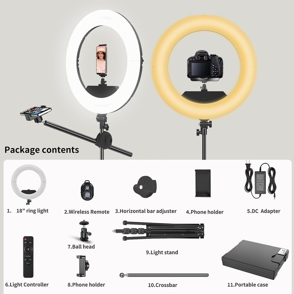 55W18 45cm Ring Light Kit [New Version] 6700K Dimmable LEDRinglightTripod Stand Dual Phone Holder for iPhone Selfie Makeup LashTattoo Studio Lighting Painting,Photo Video Recording (Black)