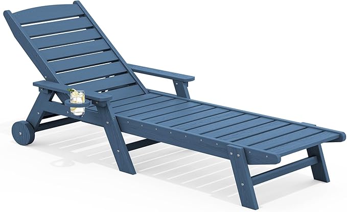 SERWALL Patio Chaise Lounge Chair, 78'' Long HDPE Outdoor Lounge Chair 5 Positions Adjustable Outdoor Lounger, Poly Lounge Chair with Rolling Wheels & Cup Holder for Pool, Navy Blue
