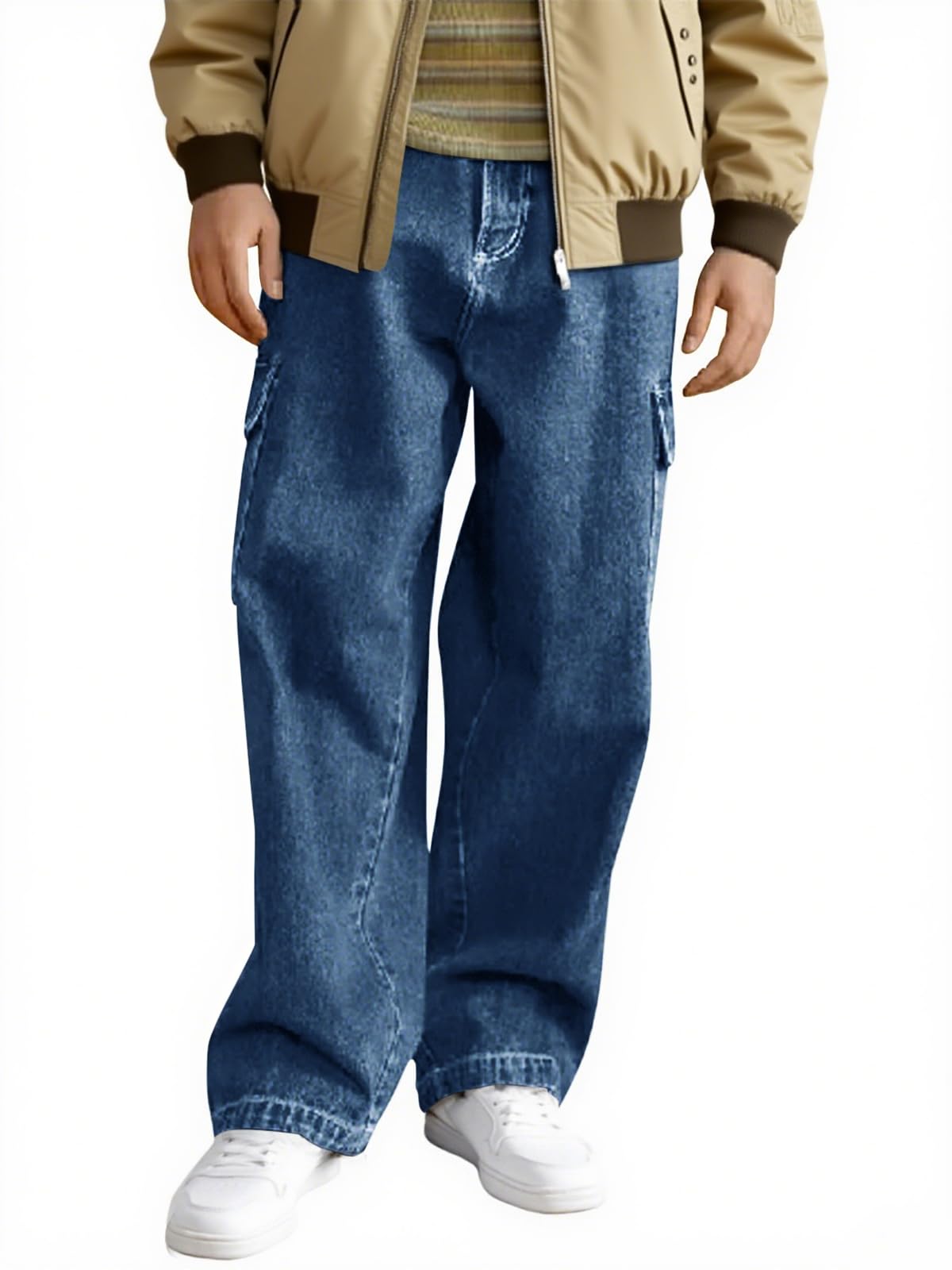 Haloumoning Boys Cargo Baggy Pants Elastic Waist Wide Leg Jeans Casual Demin Pants with Pockets 5-14 Years