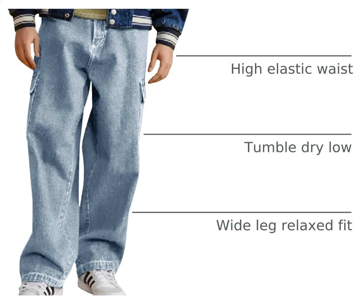 Haloumoning Boys Cargo Baggy Pants Elastic Waist Wide Leg Jeans Casual Demin Pants with Pockets 5-14 Years