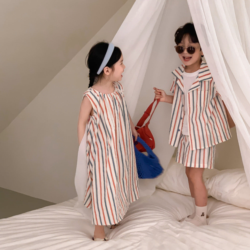 Striped Vest Dress And Short-sleeve Shorts Set