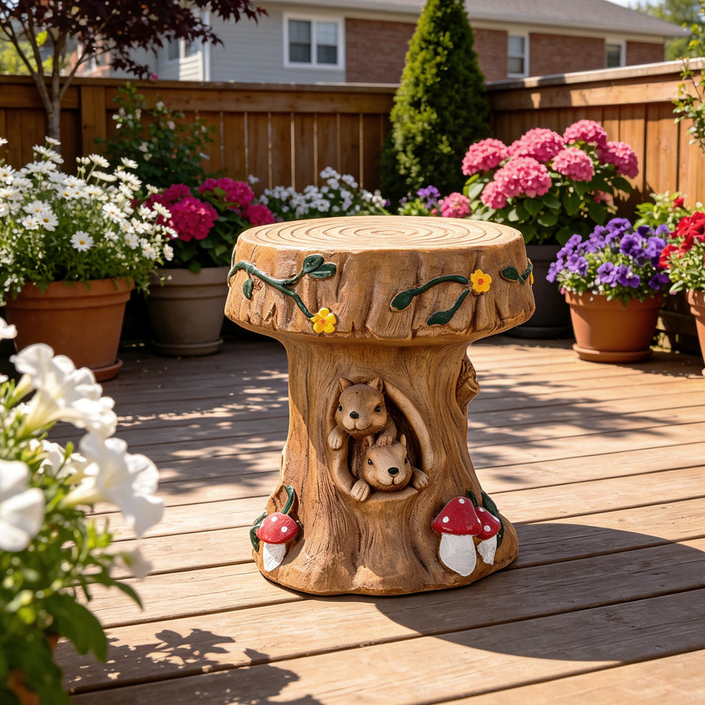 Squirrel Tree Stump Stool Garden Statue with Durable Magnesium Oxide – Brown