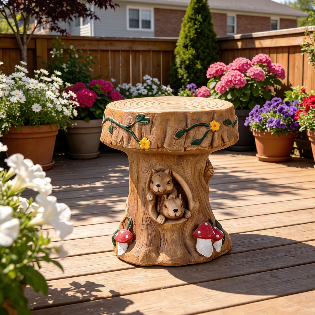 Squirrel Tree Stump Stool Garden Statue with Durable Magnesium Oxide – Brown