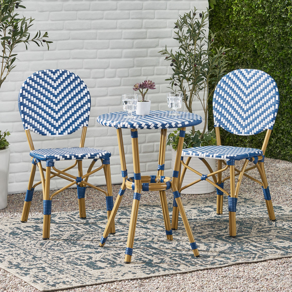 Outdoor Aluminum 3 Piece French Bistro Set with Durable Wicker - Bamboo Print Finish