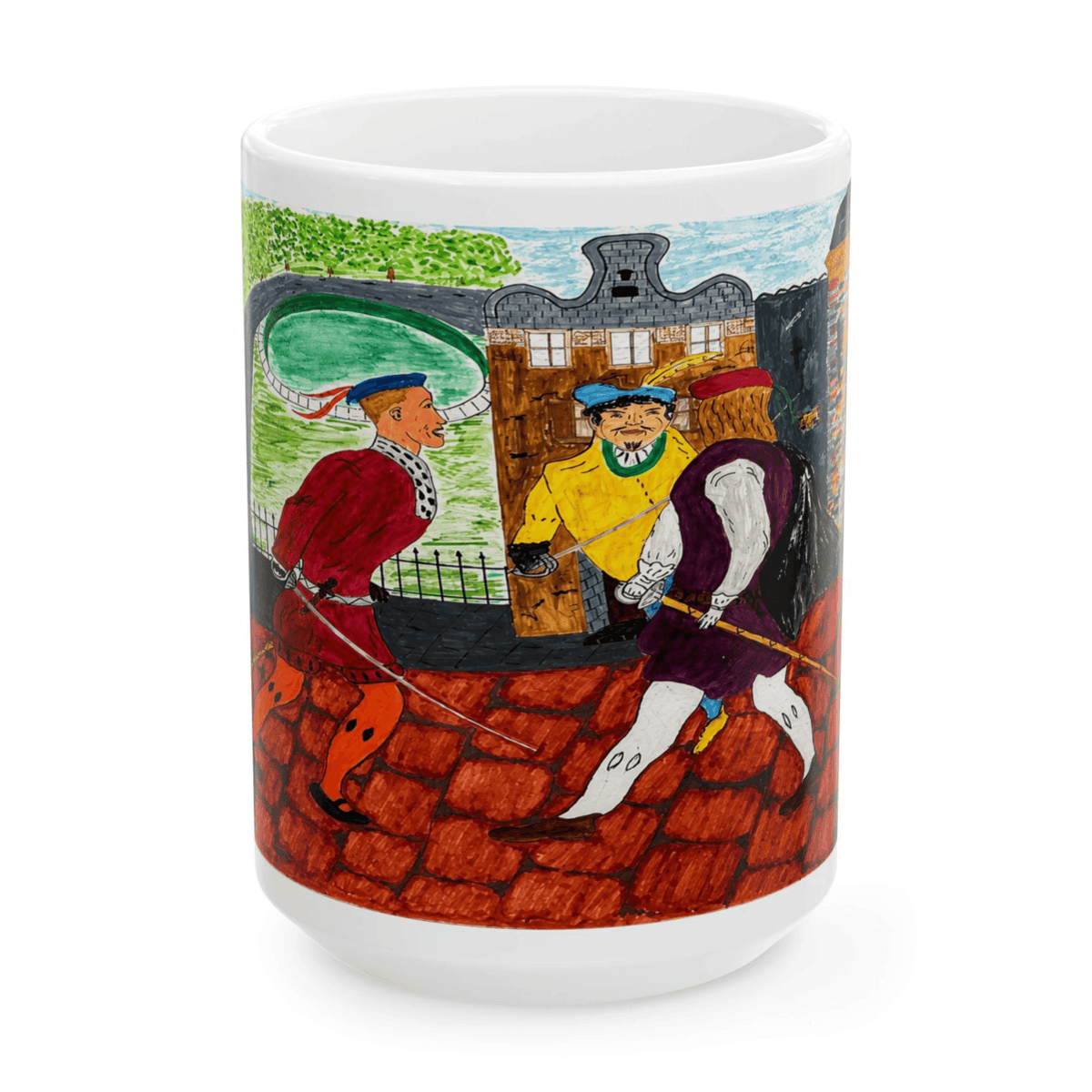 PimsArt Medieval Street Scene Dueling Swordsmen Mug From Original Painting