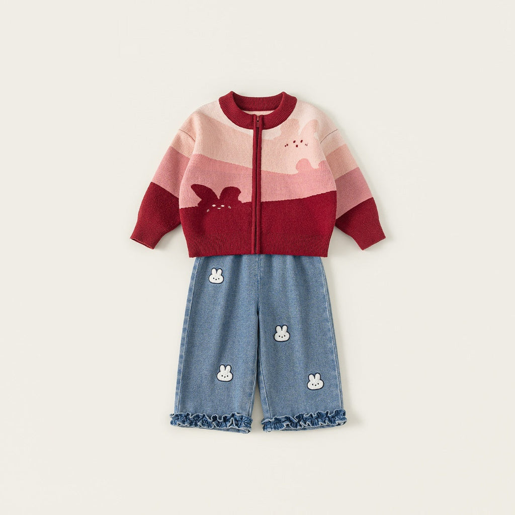 Cartoon Girls Sweater Jeans Set Acrylic Knitted