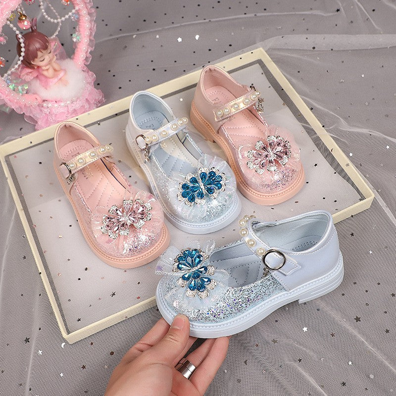 2026 Spring & Autumn New Girls Light-Up Princess Leather Shoes, Elsa Crystal Soft Sole Flat Shoes, Little Girls Pearl Decor Single Shoes