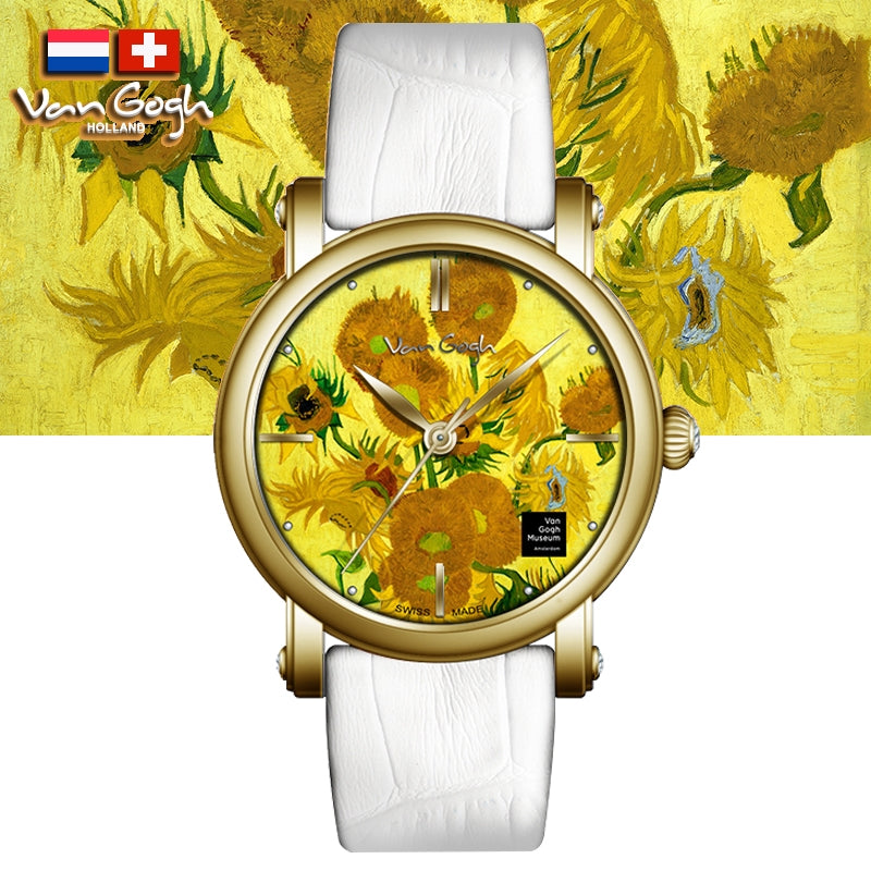 Van Gogh Women's Quartz Watch 3D Printed Oil Painting Dial Steel Strap Sunflowers