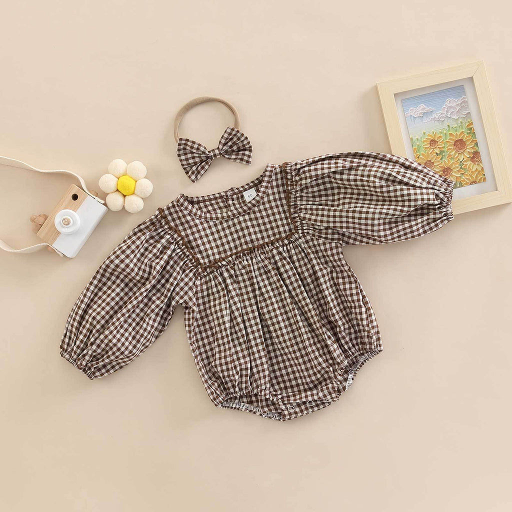 Simple Plaid-Print Long-Sleeve Outfit For Infants And Toddlers