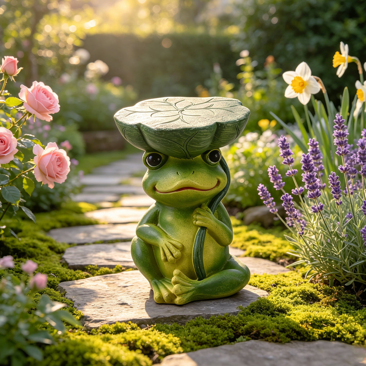Frog Stool Garden Statue with Lotus Leaf Top - Green