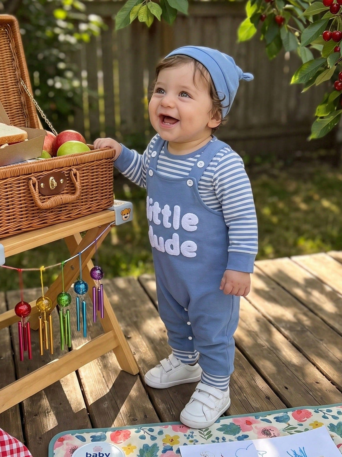 Baby And Toddler Striped Long-sleeve Romper Suspender Pants And Hat Set
