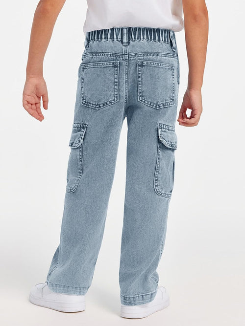 Haloumoning Boys Cargo Baggy Pants Elastic Waist Wide Leg Jeans Casual Demin Pants with Pockets 5-14 Years
