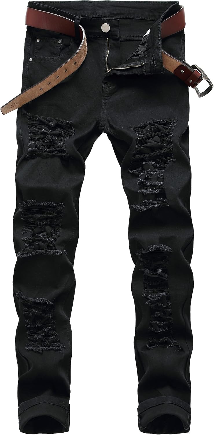 Men's Ripped Slim Fit Jeans Straight Leg Denim Pants