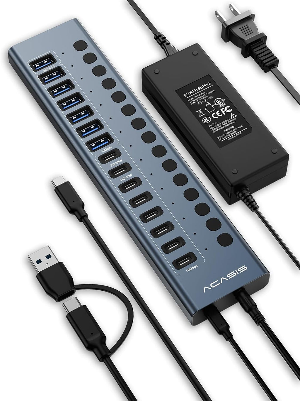 ACASIS Powered USB C Hub, 16-in-1 USB 3.2 Hub 10Gbps, 6 USB-A 3.2 + 2 USB-A 2.0+ 8 USB-C 3.2 Ports, Dual USB-C PD 30W, 150W Adapter, 3.3FT Cable, Aluminum USB Hub for PC, Laptop, Mac mini, iMac, iPad