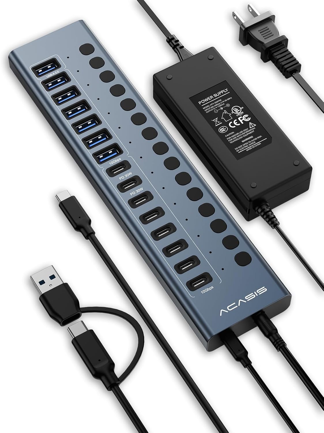 ACASIS Powered USB C Hub, 16-in-1 USB 3.2 Hub 10Gbps, 6 USB-A 3.2 + 2 USB-A 2.0+ 8 USB-C 3.2 Ports, Dual USB-C PD 30W, 150W Adapter, 3.3FT Cable, Aluminum USB Hub for PC, Laptop, Mac mini, iMac, iPad