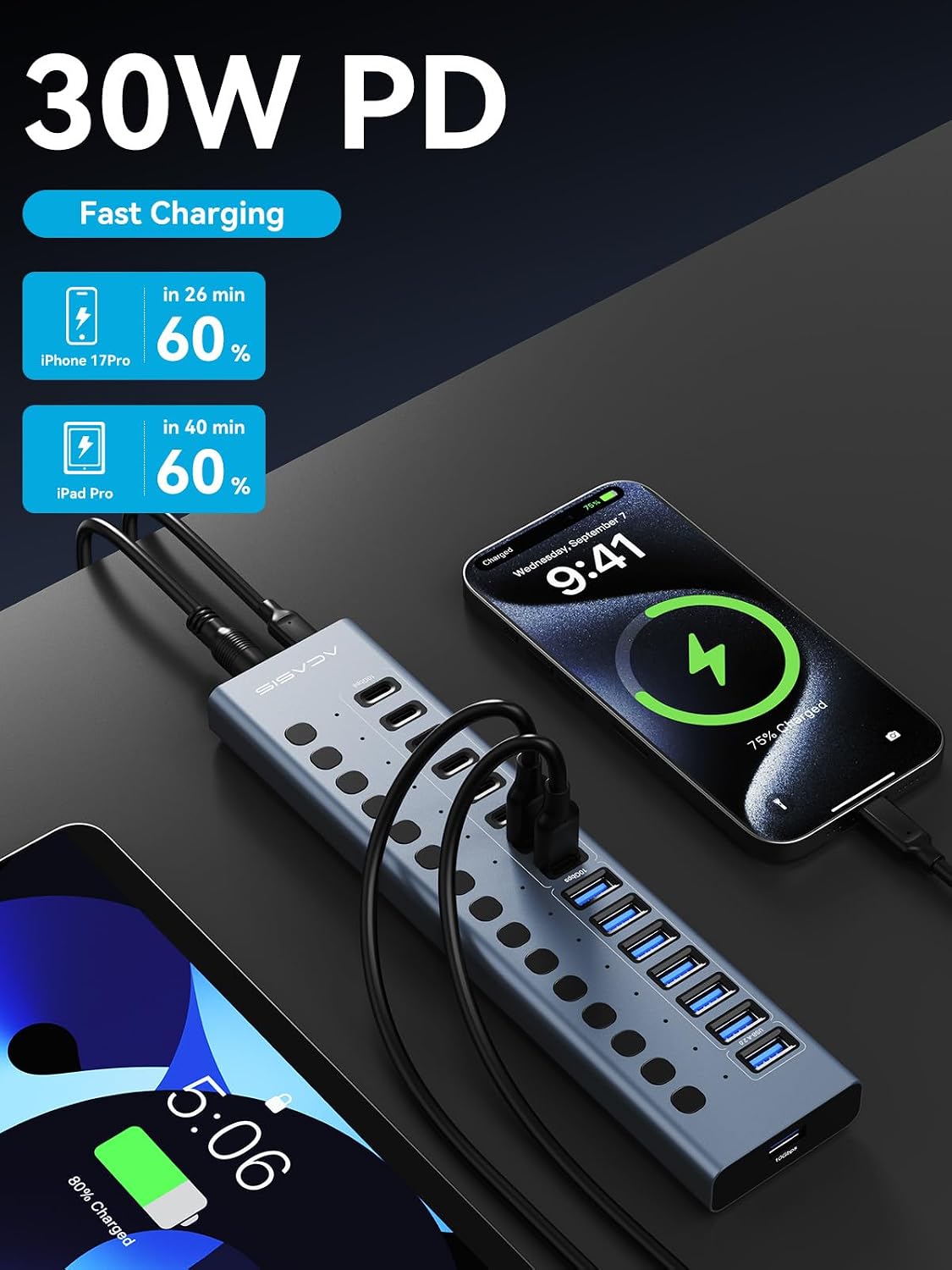 ACASIS Powered USB C Hub, 16-in-1 USB 3.2 Hub 10Gbps, 6 USB-A 3.2 + 2 USB-A 2.0+ 8 USB-C 3.2 Ports, Dual USB-C PD 30W, 150W Adapter, 3.3FT Cable, Aluminum USB Hub for PC, Laptop, Mac mini, iMac, iPad