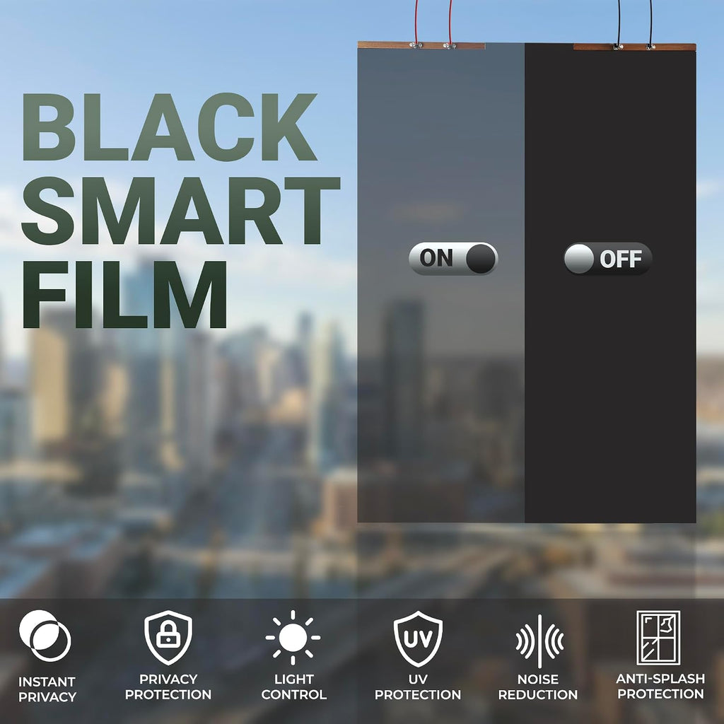 Black Window Privacy Film (27.5" x 39.5") | Switchable, Window Film | Smart Film for Home & Office Windows | Adhesive Privacy Film | Heat Insulation UV Blocking–Clear to Black Opaque