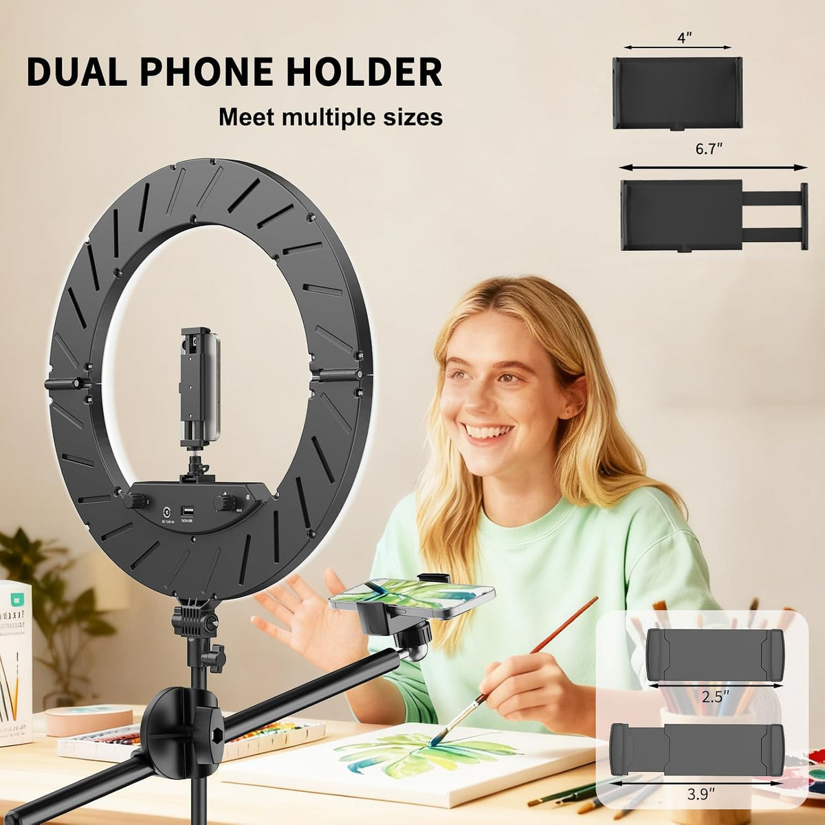 55W18 45cm Ring Light Kit [New Version] 6700K Dimmable LEDRinglightTripod Stand Dual Phone Holder for iPhone Selfie Makeup LashTattoo Studio Lighting Painting,Photo Video Recording (Black)