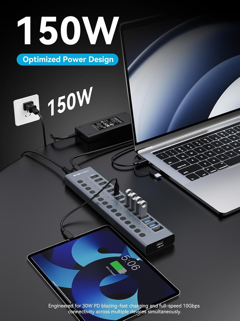 ACASIS Powered USB C Hub, 16-in-1 USB 3.2 Hub 10Gbps, 6 USB-A 3.2 + 2 USB-A 2.0+ 8 USB-C 3.2 Ports, Dual USB-C PD 30W, 150W Adapter, 3.3FT Cable, Aluminum USB Hub for PC, Laptop, Mac mini, iMac, iPad