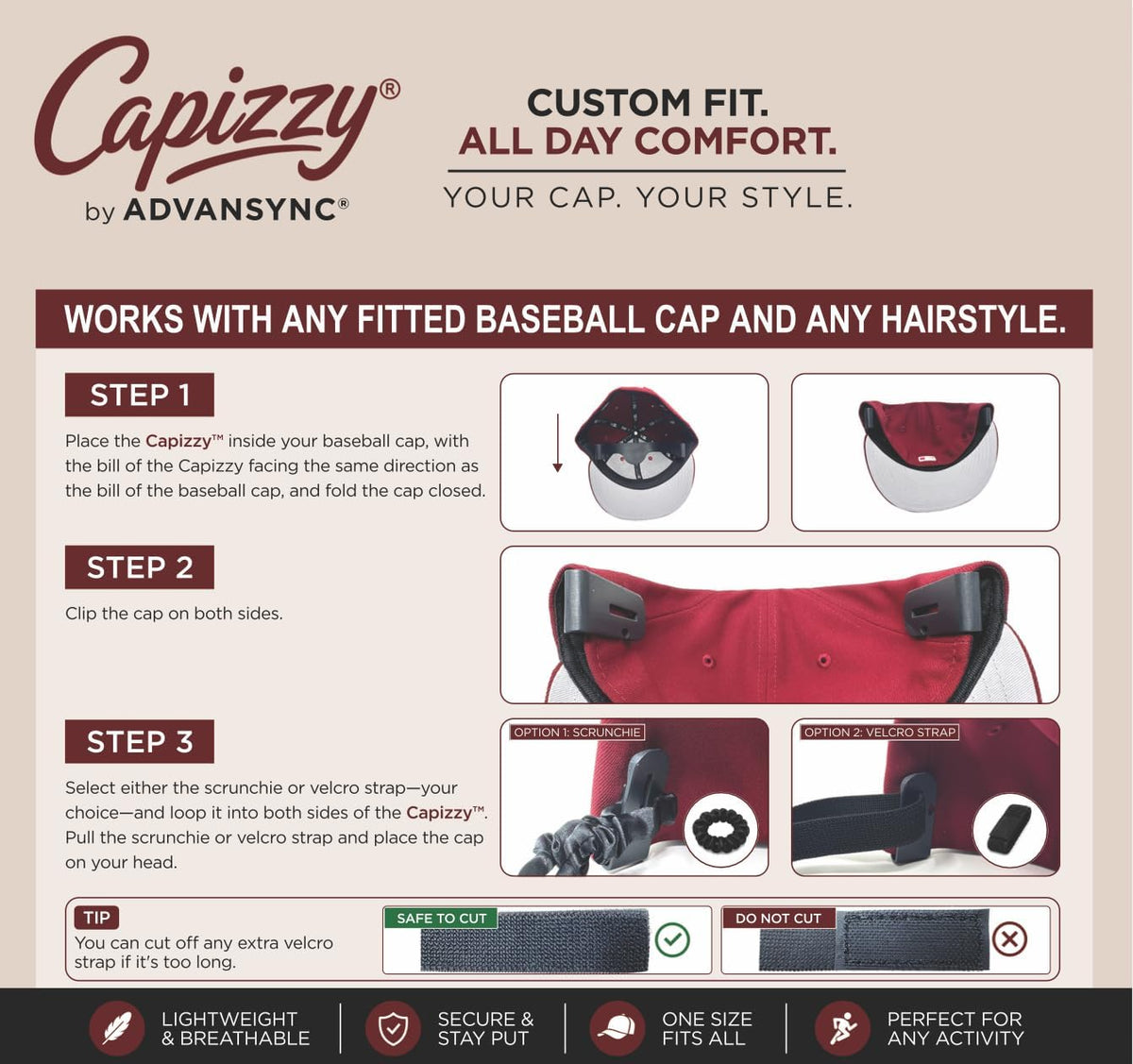 ADVANSYNC Capizzy - Converts Any Baseball Cap Into a Visor and Ponytail Hat