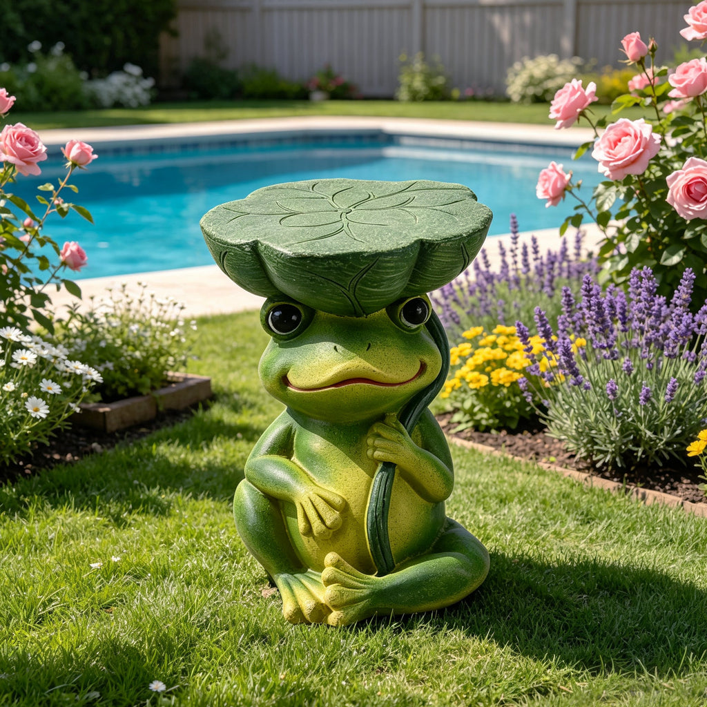 Frog Stool Garden Statue with Lotus Leaf Top - Green