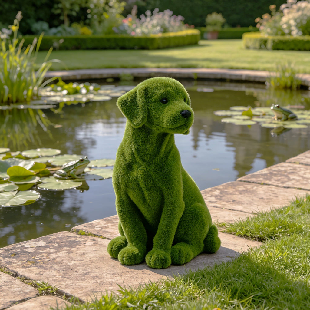 Flocked Dog Garden Statue with Weather-Resistant Finish - Green