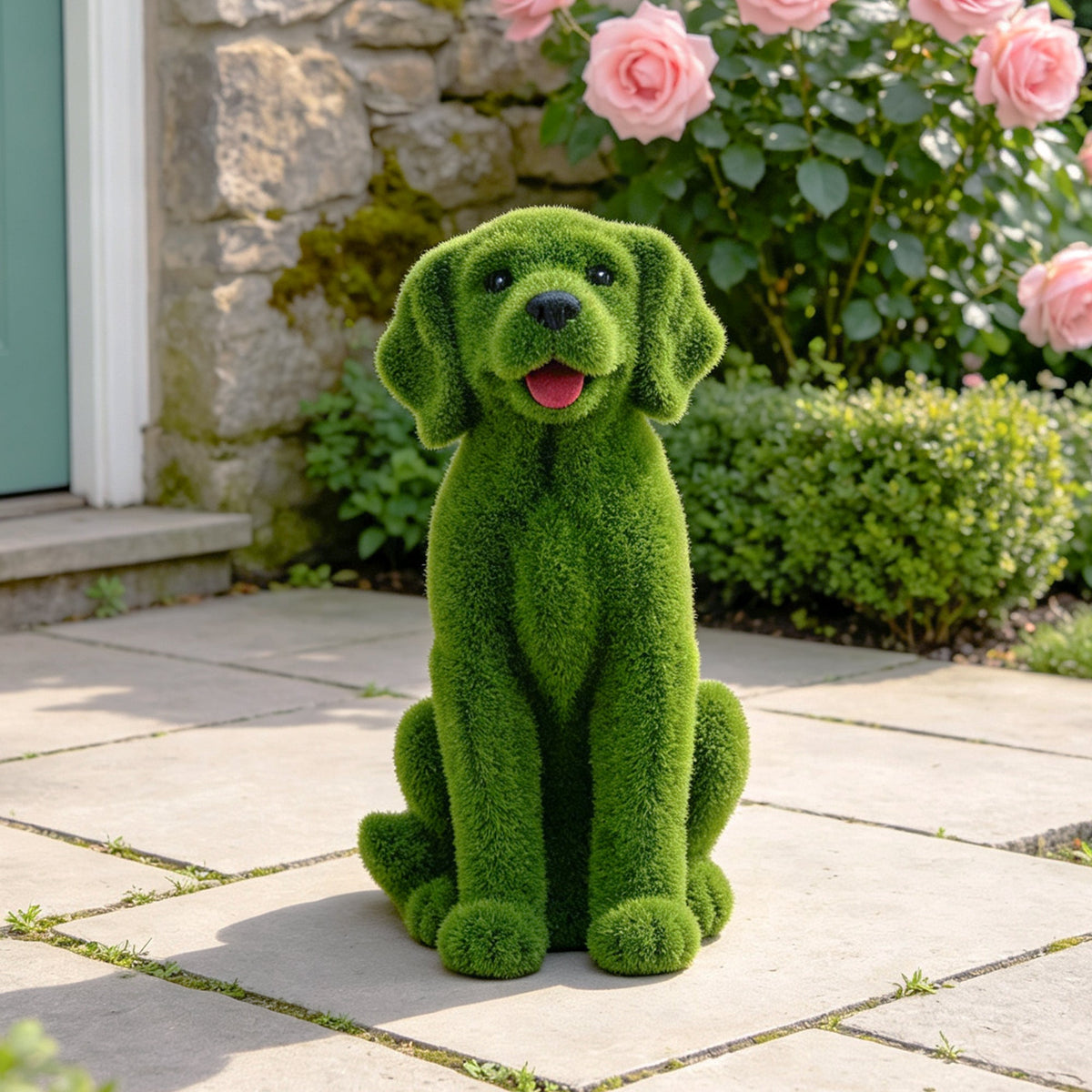 Flocked Dog Garden Statue with Weatherproof Resin - Green