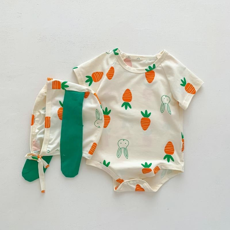 Baby Girl Bunny Short Sleeve Thin Hooded Triangle Romper Onesie Spring Clothes
