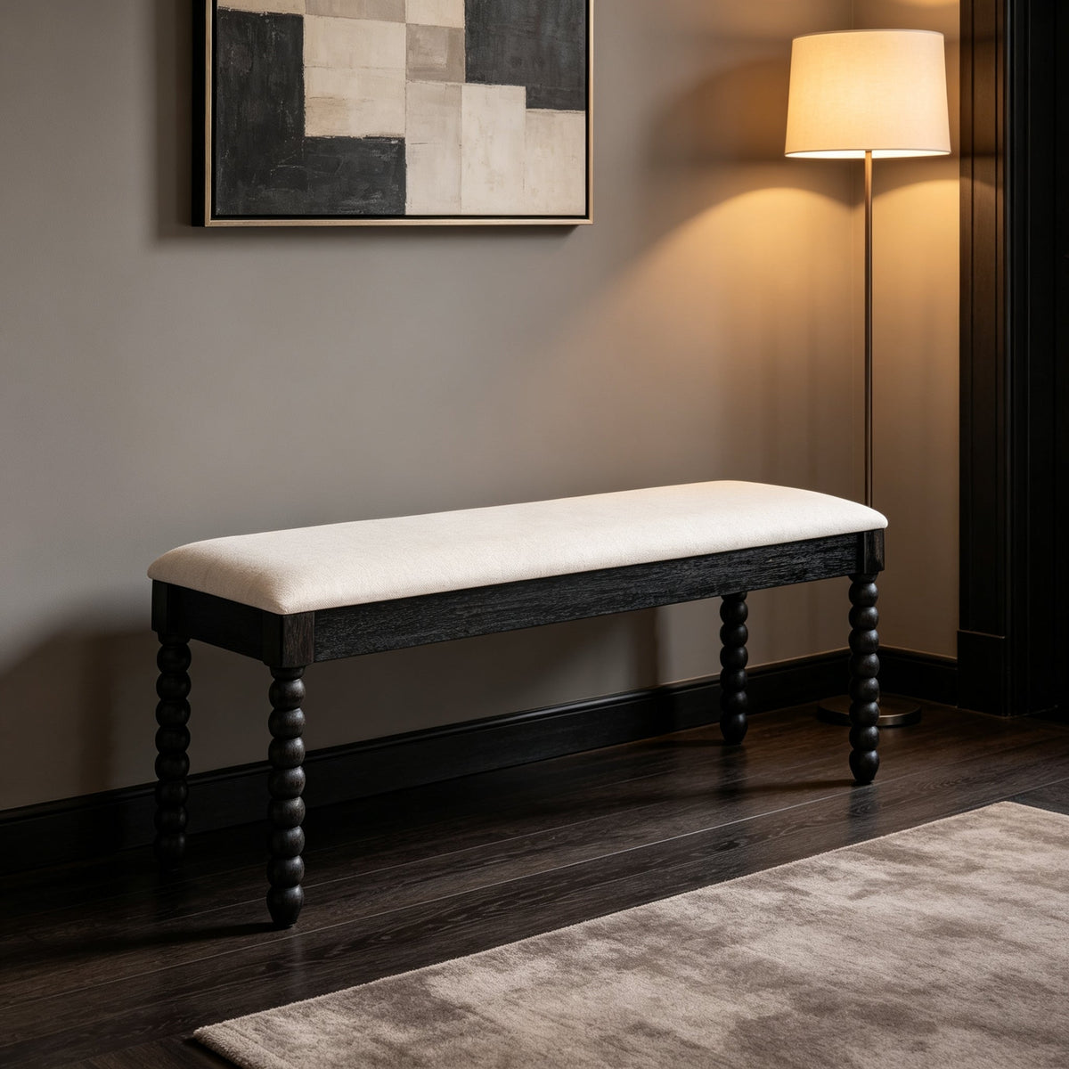 Farmhouse Wooden Storage Bench with Soft Cushion – Turned Spindle Legs