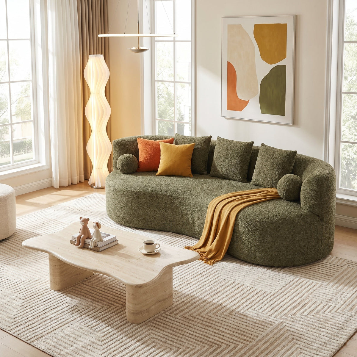 Curved Modern Boucle Sofa with Upholstered Finish - Forest Green, Beige, Camel