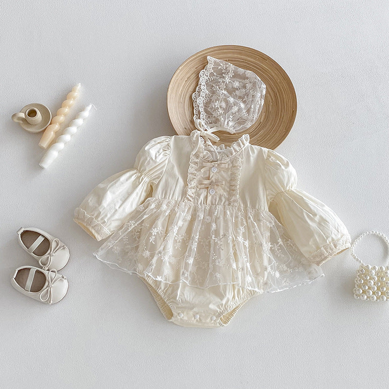 Sweet Baby Clothes Bodysuit, Pinafore Dress, Long-sleeve Soft Lace Romper, And Hat