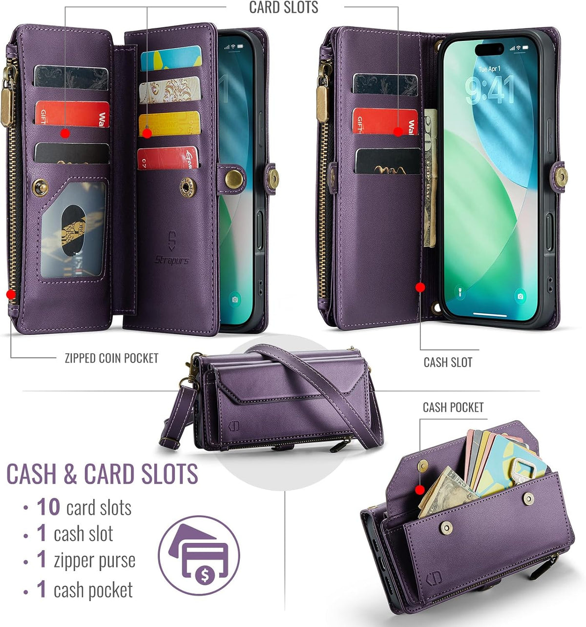 Strapurs for iPhone Air - Zipper Strap Wallet Case for Women, Purple