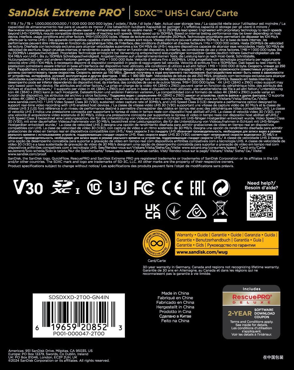 SANDISK 2TB Extreme PRO SDXC UHS-I Memory Card - Up to 250MBs - C10, U3, V30, 4K UHD, SD Card - SDSDXXD-2T00-GN4IN
