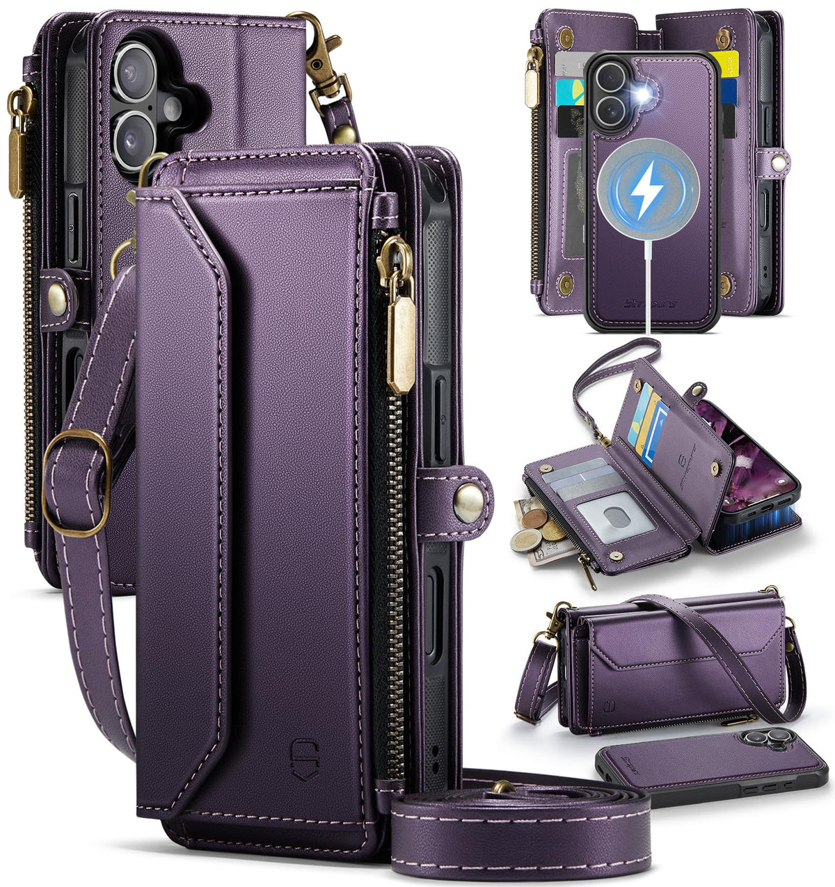 Strapurs for iPhone Air - Zipper Strap Wallet Case for Women, Purple