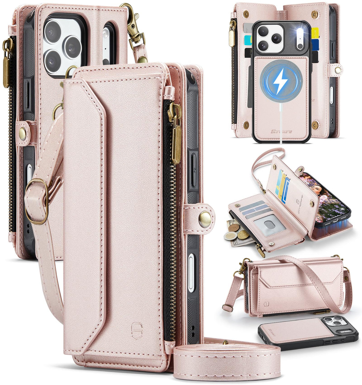 Strapurs for iPhone Air - Zipper Strap Wallet Case for Women, Purple