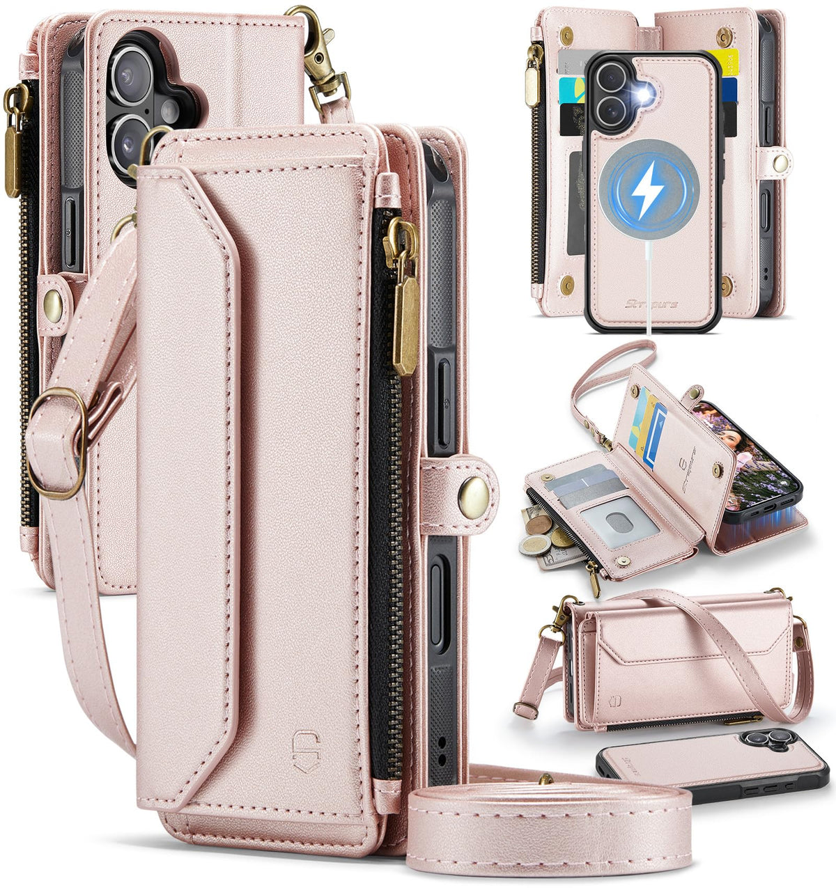 Strapurs for iPhone Air - Zipper Strap Wallet Case for Women, Purple