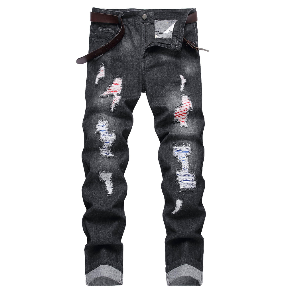 Men's Ripped Slim Fit Jeans Straight Leg Denim Pants