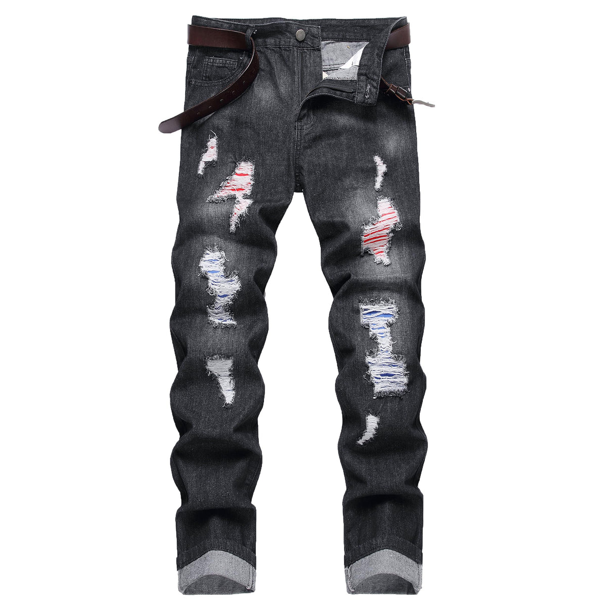 Men's Ripped Slim Fit Jeans Straight Leg Denim Pants