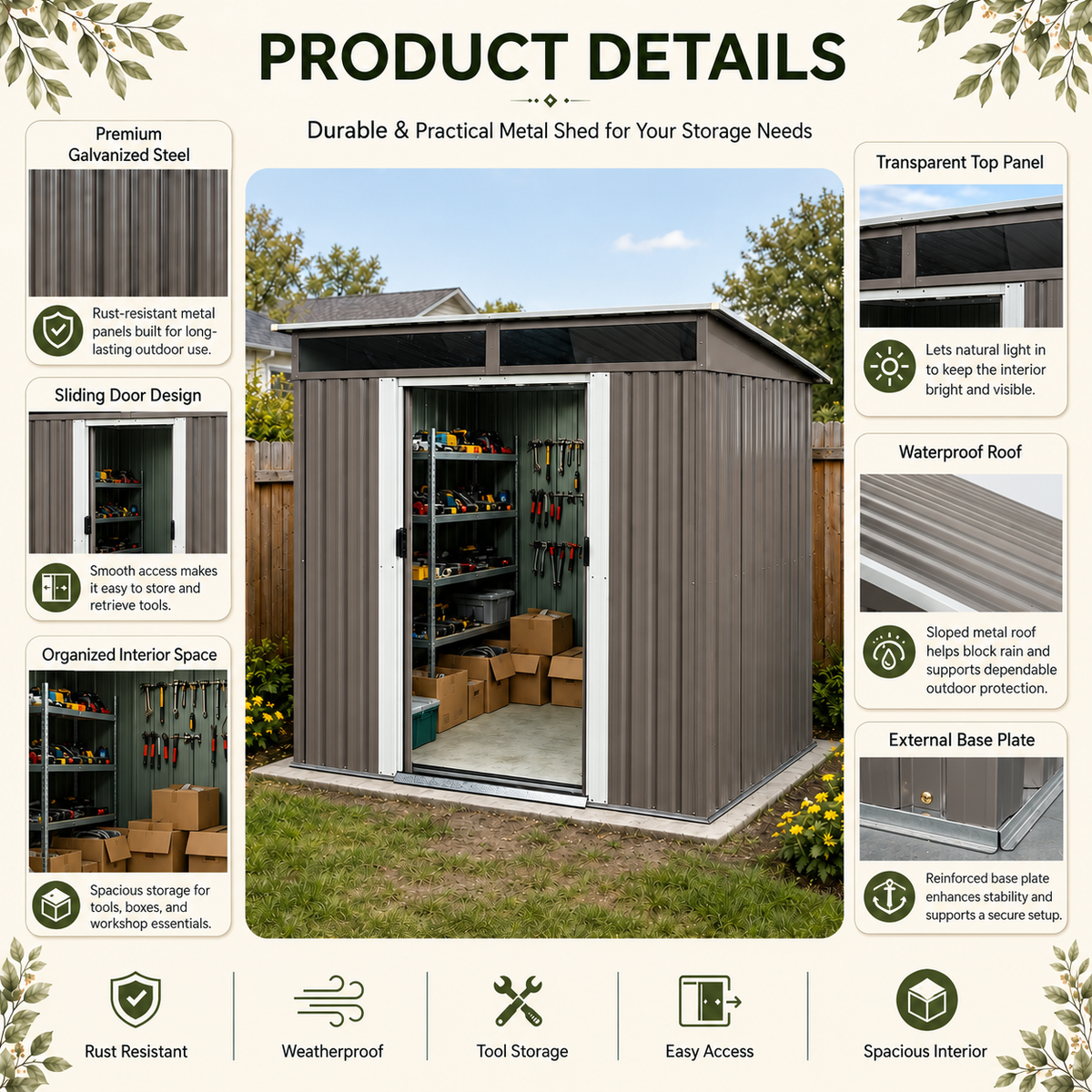 6ft x 5ft Sloped Roof Metal Shed with Transparent Top Panels